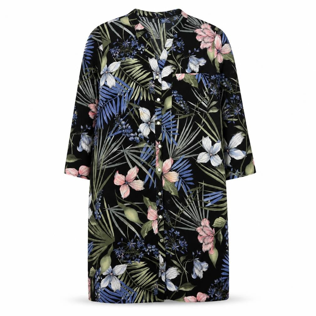Front view of F&F women’s black floral polyester tunic button-up, size UK 14, v-neck