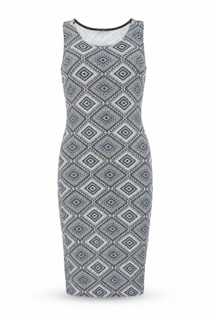 Front view of Select women’s multicoloured geometric viscose tank dress, size UK 8, scoop neck pullover