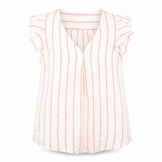 Front view of Papaya women’s white striped viscose basic blouse, size UK 10, v-neck