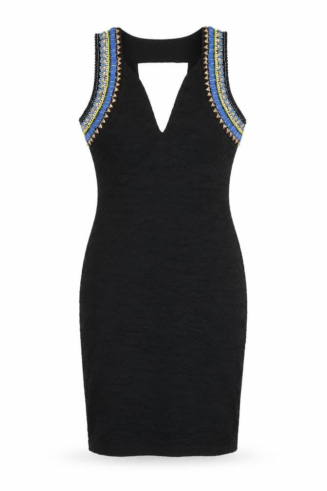 Front view of H&M women’s black polyester pencil dress, size S, v-neck pullover