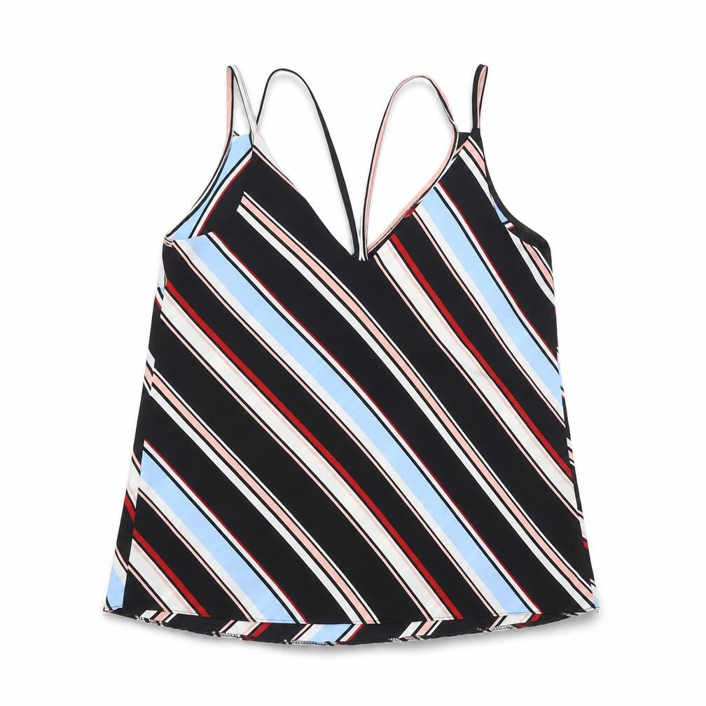 Front view of Primark women’s multicoloured striped polyester camisole tank, size UK 8, v-neck