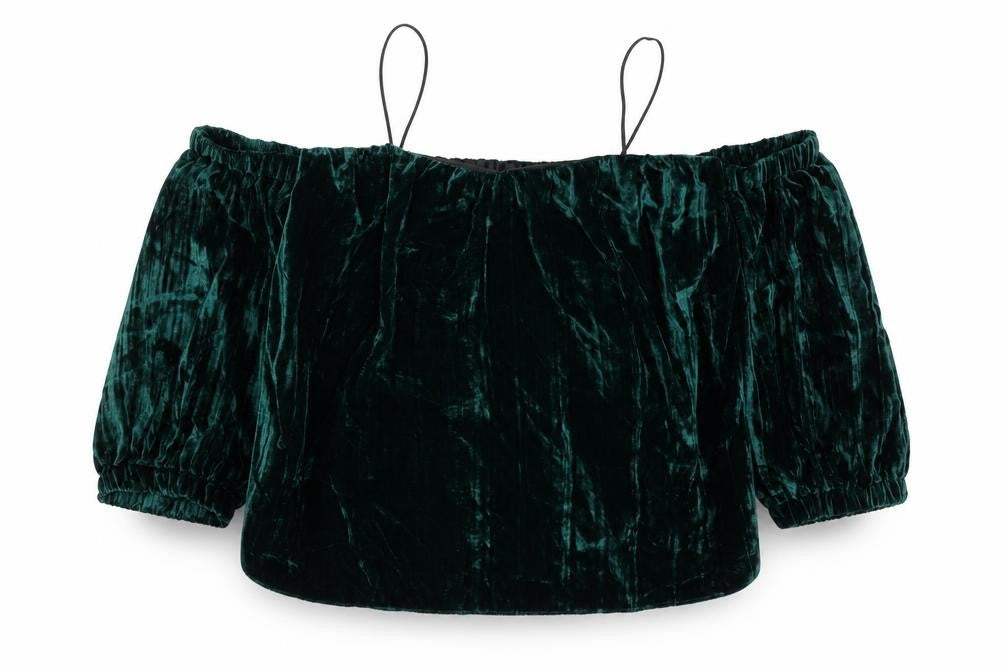 Front view of Topshop women’s green viscose basic blouse, size UK 8, off the shoulder - cropped