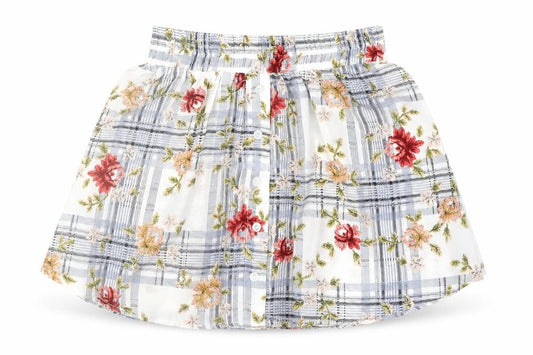 Front view of OHS Clothing women’s multicoloured plaid polyester skater skirt, size S, - floral print