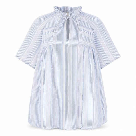 Front view of H&M women’s blue striped polyester a-line, size UK 8, mock neck tie