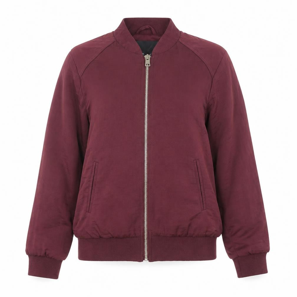 Front view of New Look women’s purple bomber jacket jacket, size UK 4, zip