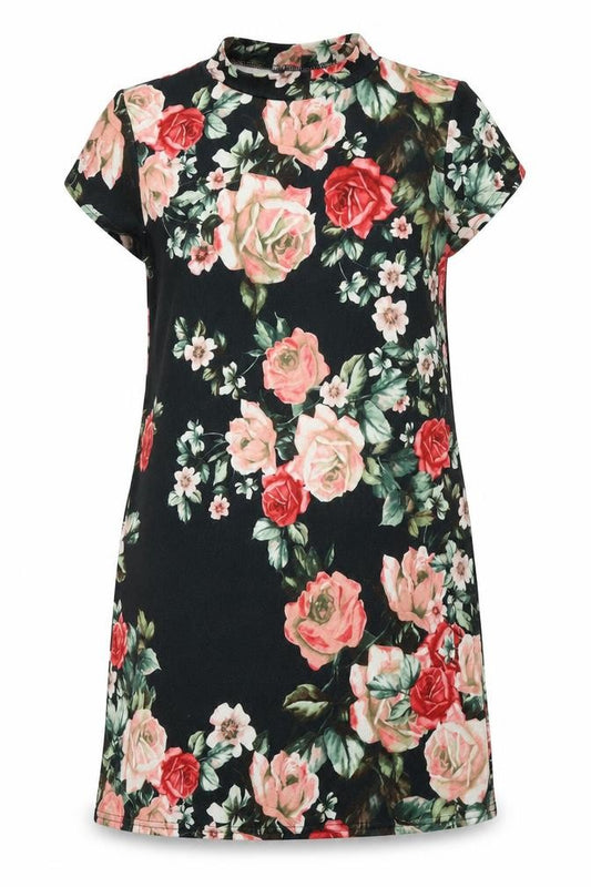Front view of Boohoo women’s black floral polyester a-line, size UK 8, mock neck pullover