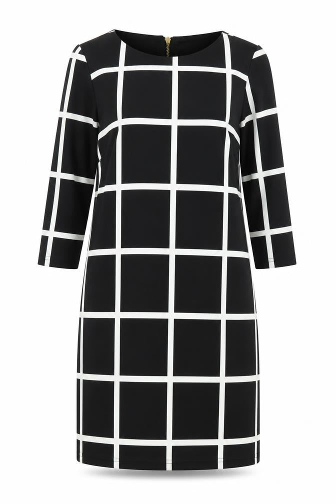 Front view of Villa women’s black check polyester shift, size S, boat neck zip