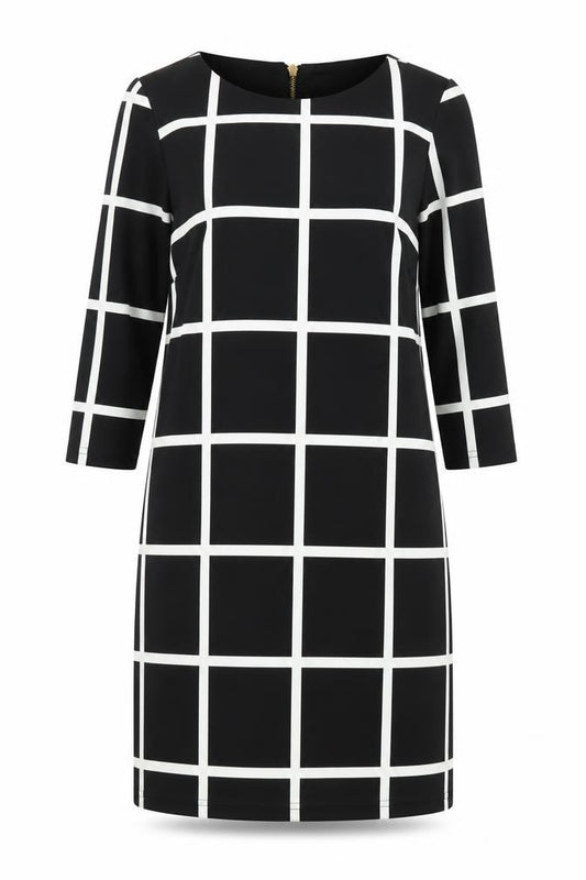 Front view of Villa women’s black check polyester shift, size S, boat neck zip
