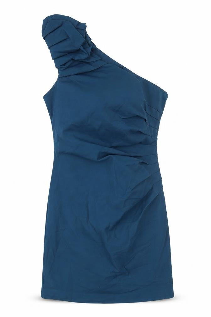 Front view of Warehouse women’s blue polyethylene mini, size UK 10, one shoulder zip