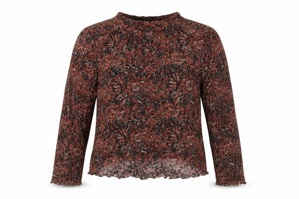 Front view of Forever New women’s multicoloured geometric viscose basic t-shirt, size UK 12, v-neck