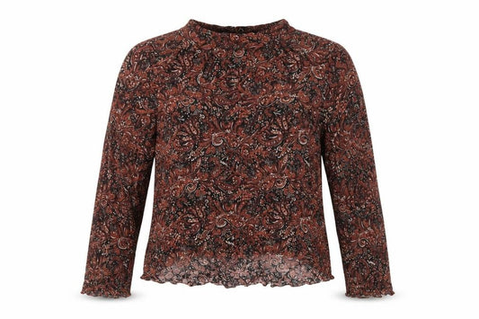 Front view of Forever New women’s multicoloured geometric viscose basic t-shirt, size UK 12, v-neck