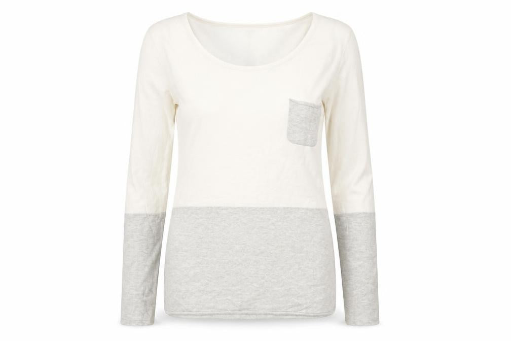 Front view of MARBLE women’s ivory colourblock 100% cotton basic t-shirt, size XS, round neck