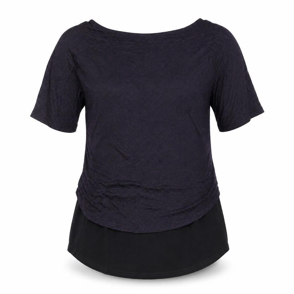 Front view of Simon Jefferey women’s black nylon basic t-shirt, size UK 10, round neck