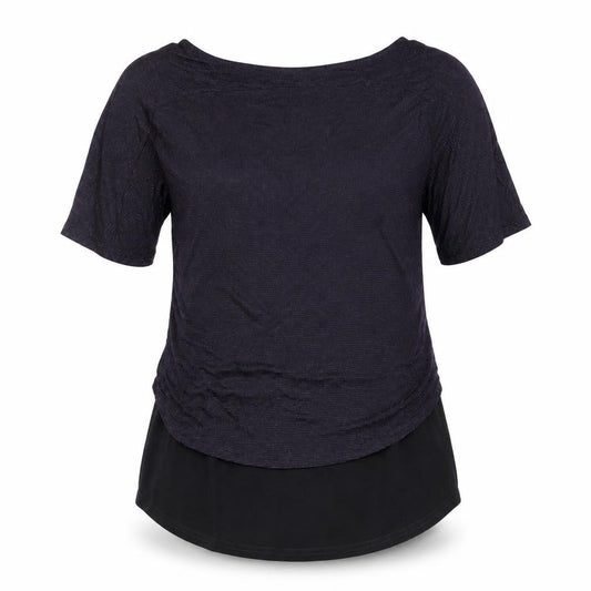 Front view of Simon Jefferey women’s black nylon basic t-shirt, size UK 10, round neck