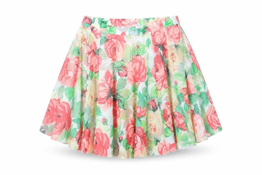 Front view of Preworn women’s multicoloured floral polyester pleated skirt, size UK 10