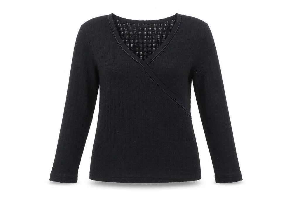 Front view of Cachon women’s black polyacrylate fibre basic t-shirt, size M, v-neck