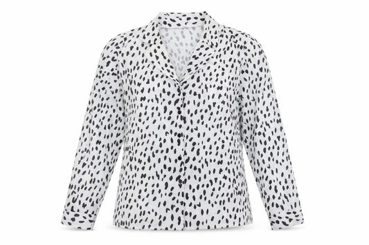 Front view of Preworn women’s white animal print polyester basic blouse, size L, collared - spotted