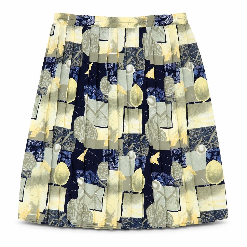 Preworn Womens Multicoloured Geometric Polyester Pleated Skirt Size L - Lemons, Leaves.