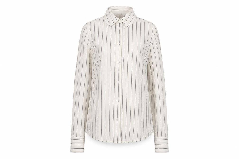 Front view of Divided women’s ivory striped 100% cotton basic button-up size 2xs collared