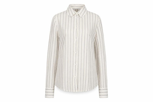 Front view of Divided women’s ivory striped 100% cotton basic button-up size 2xs collared