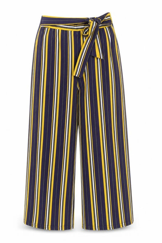 Front view of Cameo Rose women’s multicoloured striped polyester trousers, size UK 12, 20-inch leg regular tie