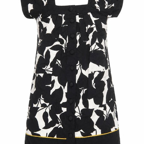 French Connection Womens Black Floral 100% Cotton Shirt Dress Size 8 Square Neck Button - Mustard hem on the bottom