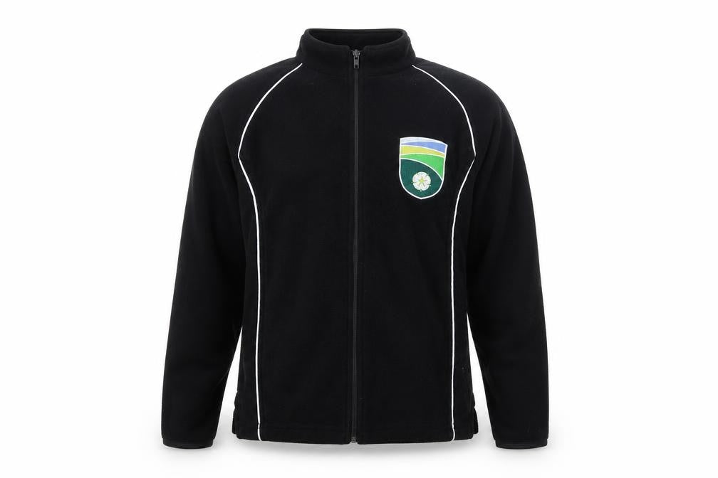 Front view of Preworn men’s black polyester full zip sweatshirt, size XS