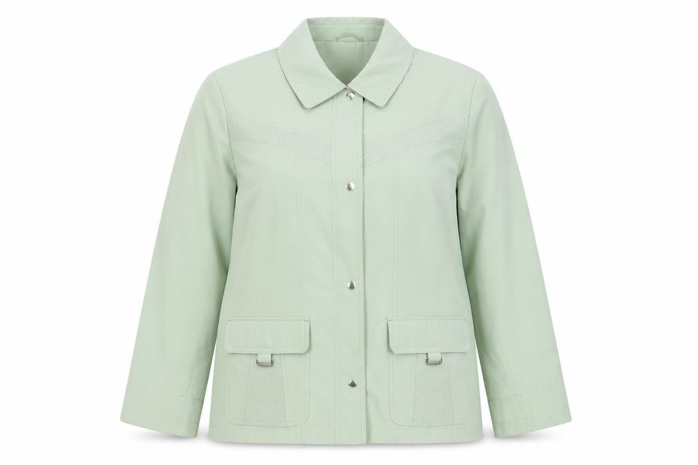 Front view of EWM women’s green jacket, size L, zip