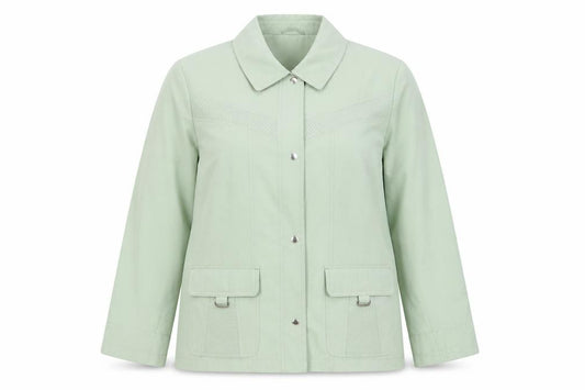 Front view of EWM women’s green jacket, size L, zip