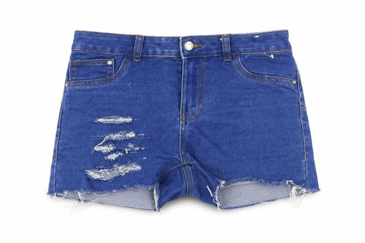 Front view of Denim & Co. women’s blue cotton hot pants shorts, size UK 8, 3-inch leg regular zip - distressed look