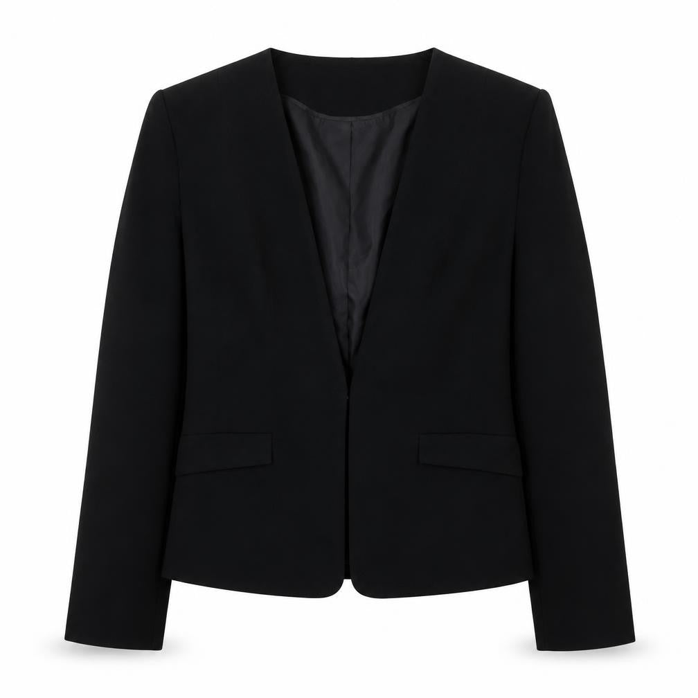 Front view of Divided by H&M women’s black jacket blazer, size UK 8, buckle