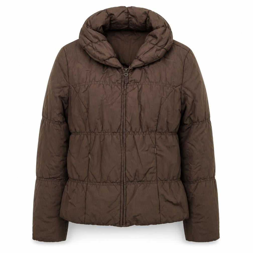 Front view of Kaliko women’s brown puffer jacket jacket, size UK 8, zip