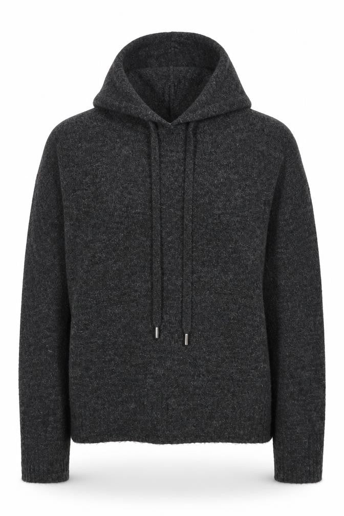 Front view of H&M women’s grey acrylic pullover hoodie, size S, pullover