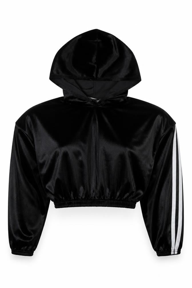 Stylewise Womens Black Striped PLA Fibre Pullover Hoodie Size M Pullover - Size M/L Cropped