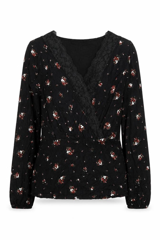 Front view of Boohoo women’s black fair isle polyester basic blouse, size UK 6, v-neck - lace detail