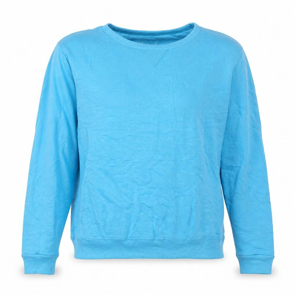 Front view of Hanes women’s blue cotton pullover sweatshirt, size M, pullover