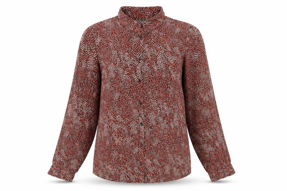 Front view of Primark women’s multicoloured geometric polyester basic button-up, size UK 10, collared