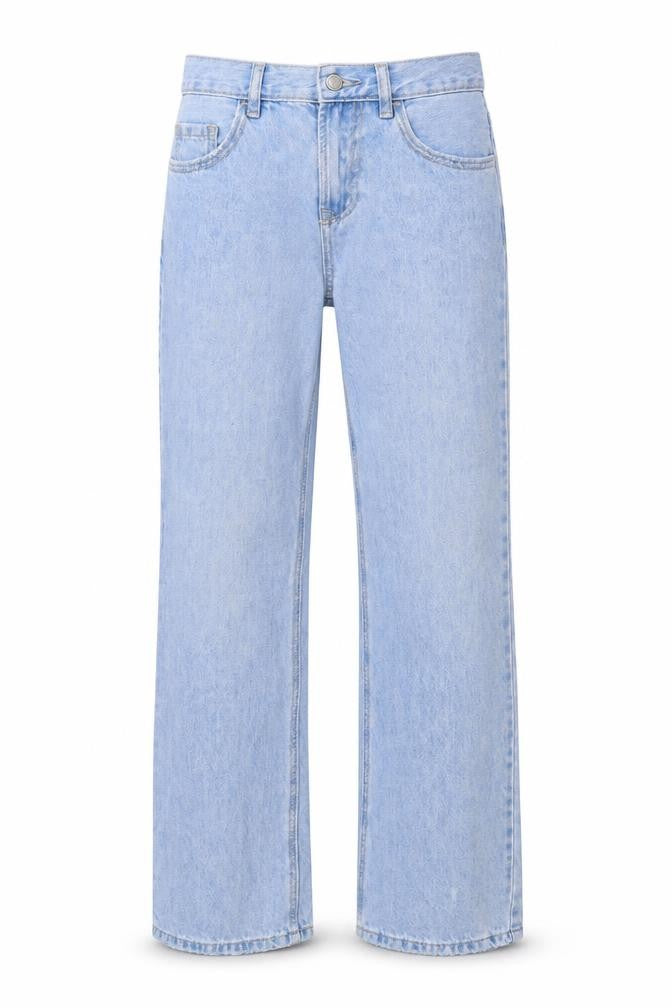 Front view of Stradivarius women’s blue cotton flared jeans, size UK 6, 32-inch leg regular button