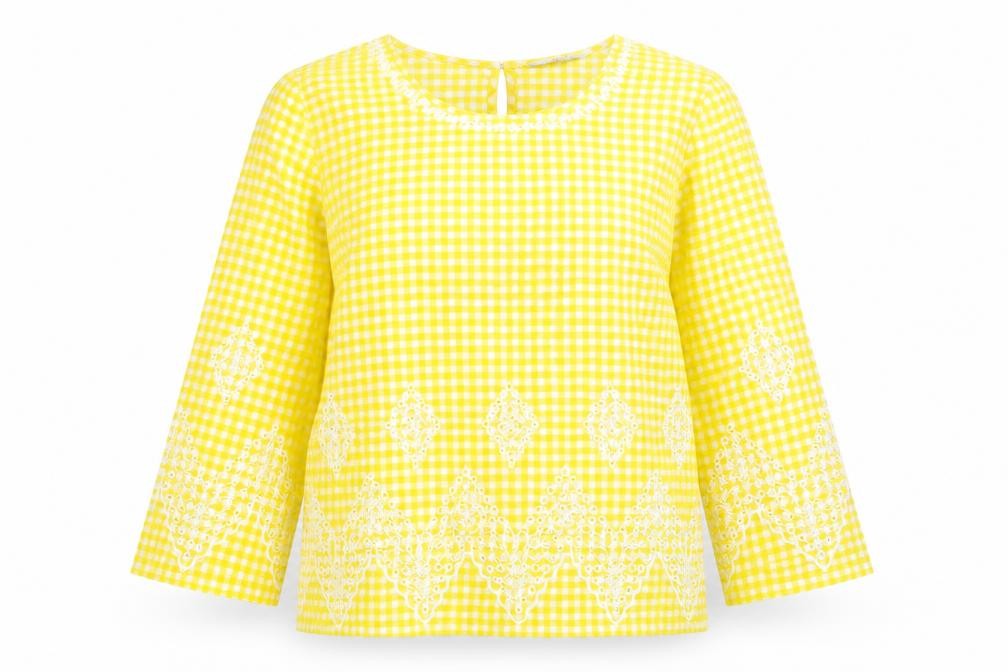 Front view of Next women’s yellow check cotton basic blouse, size UK 6, round neck