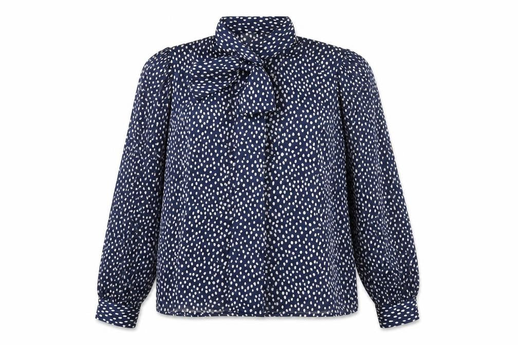 Front view of Marks & Spencer women’s blue polka dot polyester basic button-up, size UK 10, collared