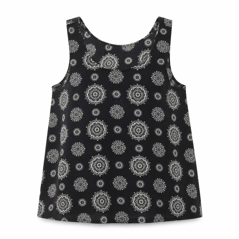 Front view of Atmosphere women’s black geometric polyester basic tank, size UK 12, scoop neck