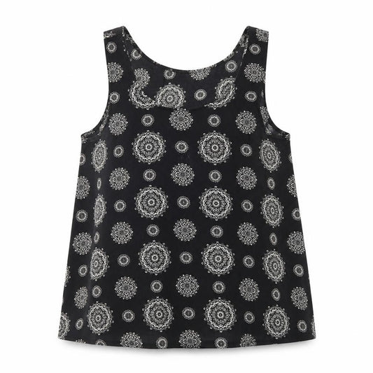 Front view of Atmosphere women’s black geometric polyester basic tank, size UK 12, scoop neck