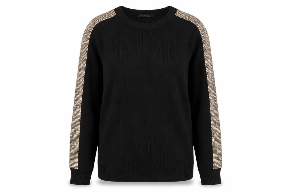 Front view of Atmosphere women’s black round neck acrylic jumper, size UK 14