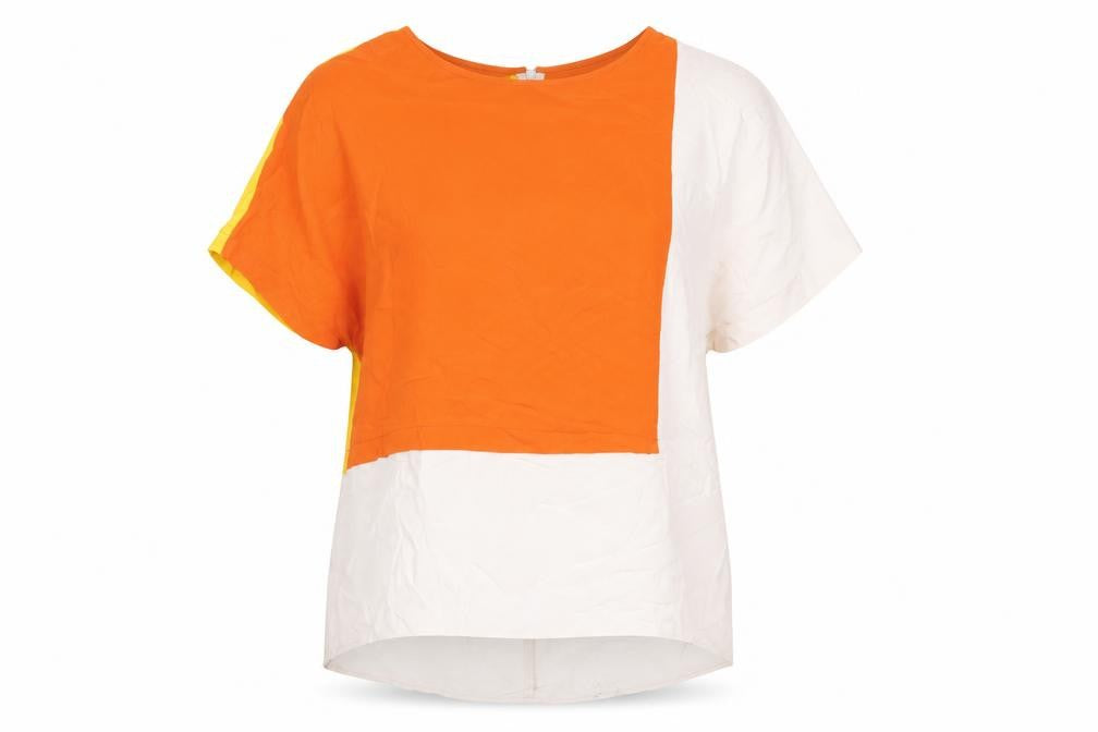 Front view of Topshop women’s yellow colourblock polyester basic t-shirt, size UK 8, round neck