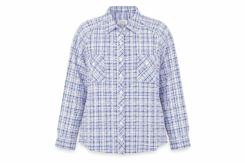 Front view of D&Co. women’s blue geometric polyester basic button-up, size XL, collared