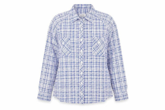 Front view of D&Co. women’s blue geometric polyester basic button-up, size XL, collared