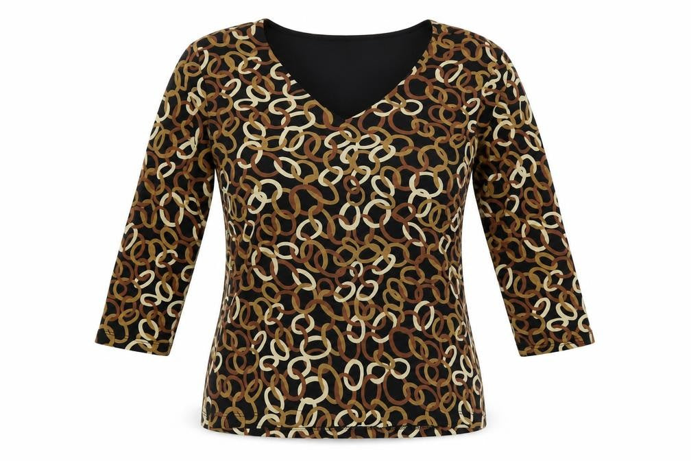 Front view of INC women’s multicoloured geometric nylon basic t-shirt, size S, v-neck