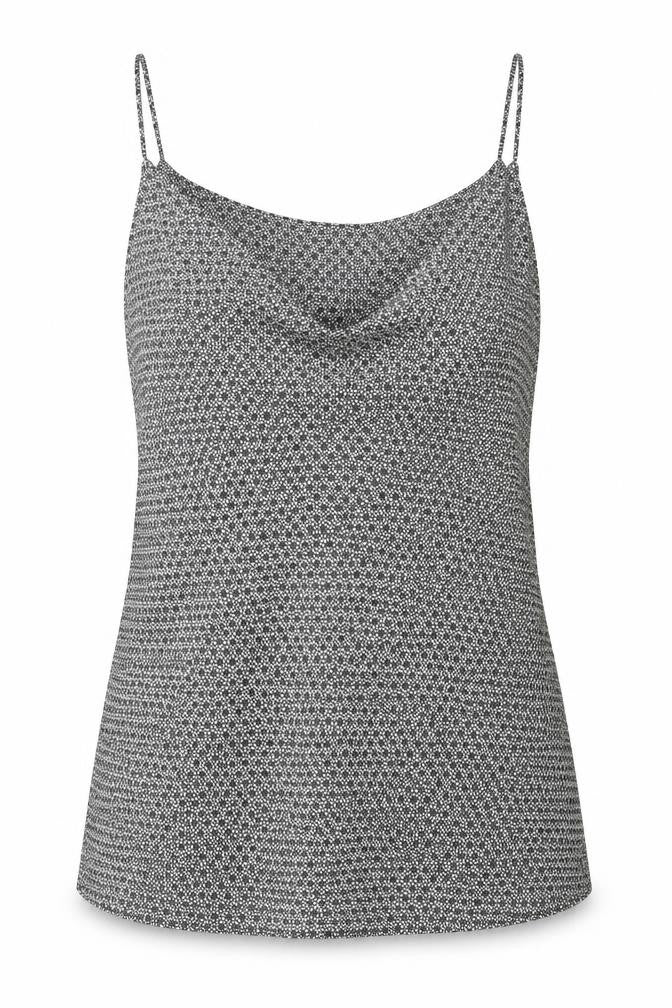 Front view of H&M women’s black geometric polyester camisole blouse, size UK 8, v-neck