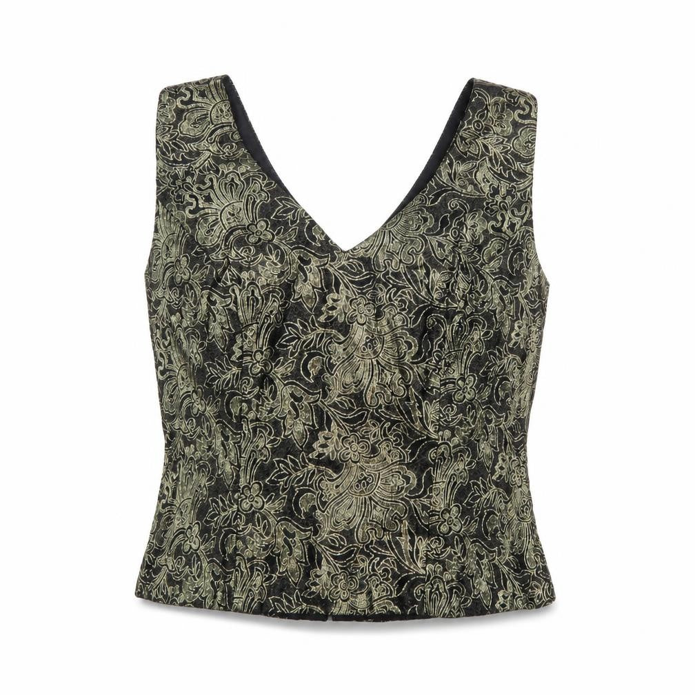 Front view of Caliendo women’s gold floral acetate basic tank, size UK 8, v-neck