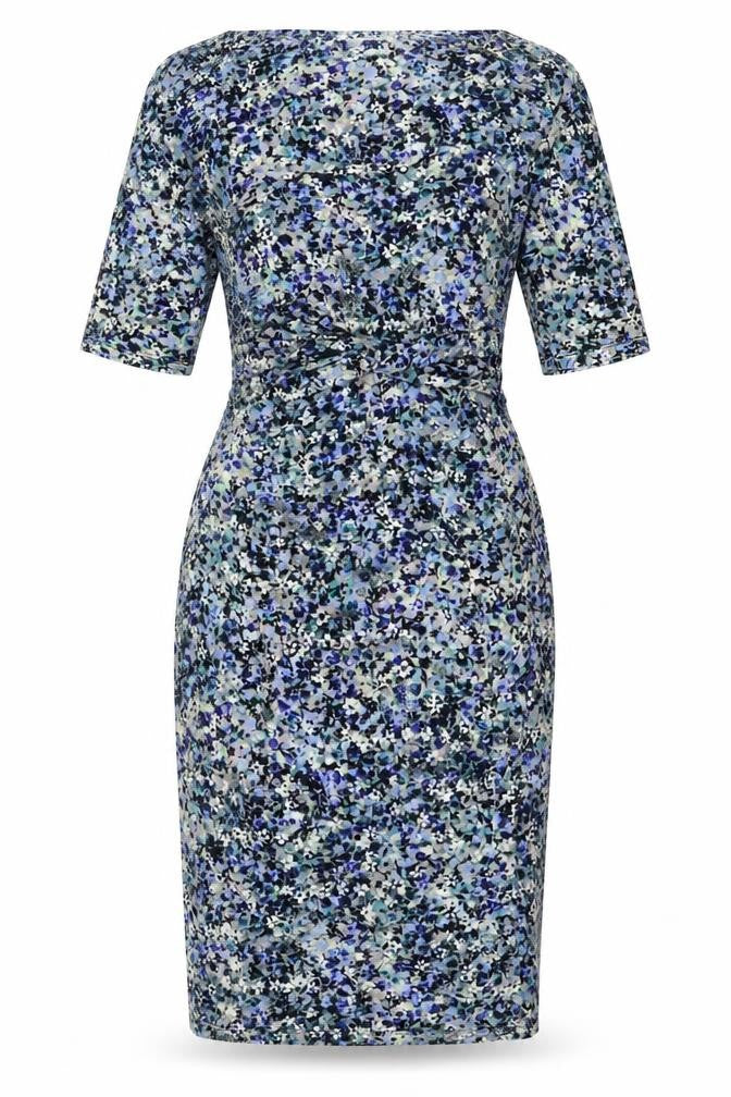 Front view of Monsoon women’s multicoloured floral cotton bodycon, size UK 12, cowl neck pullover